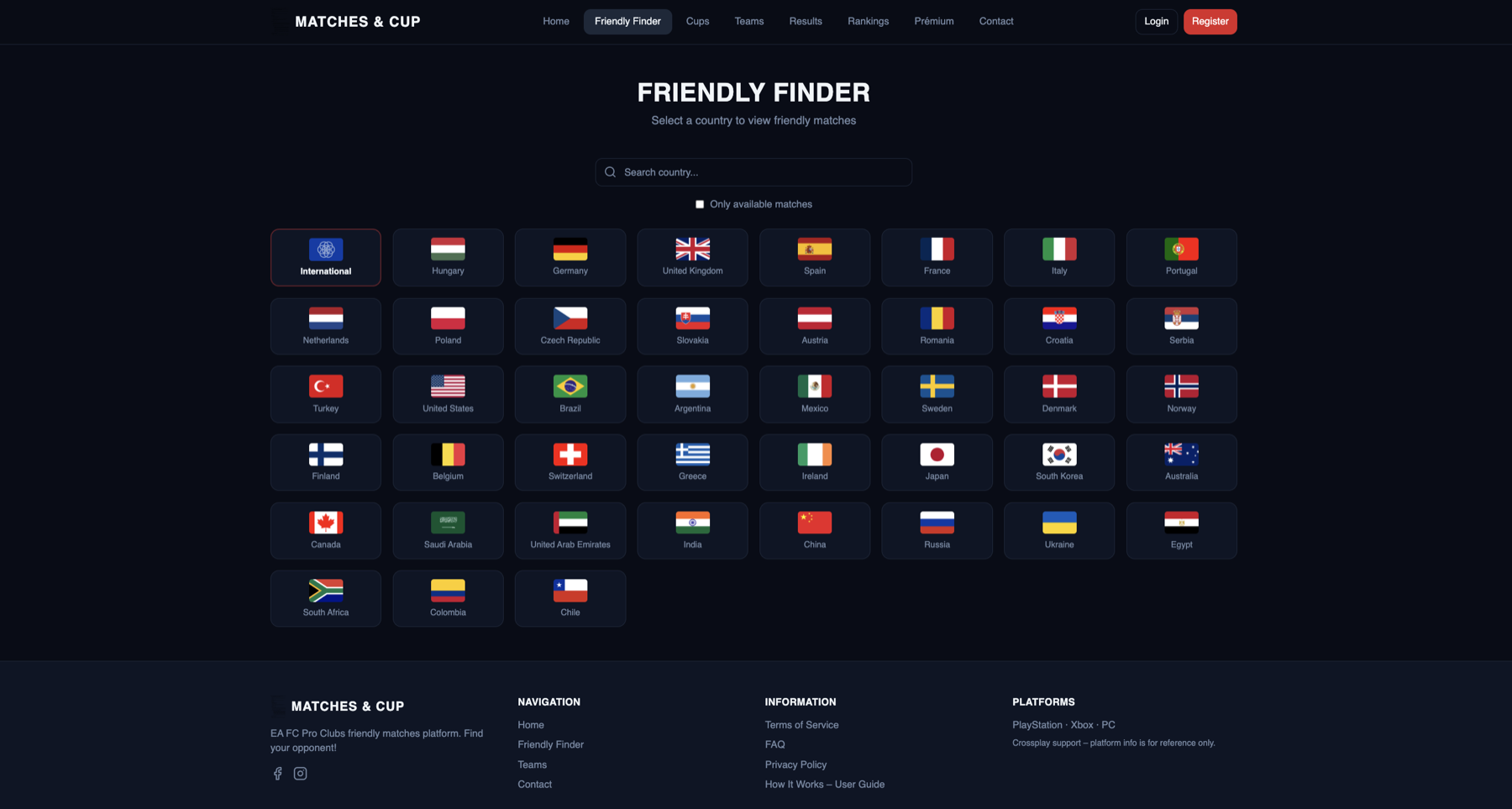 A Friendly Finder meccskereső: országválasztó zászlós rácsban, kereső- és szűrőmezővel